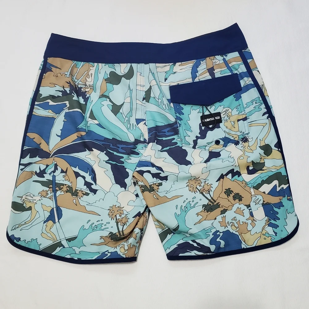 Quicksilver High Line Board Shorts Blue Surfer Print 33 Waist